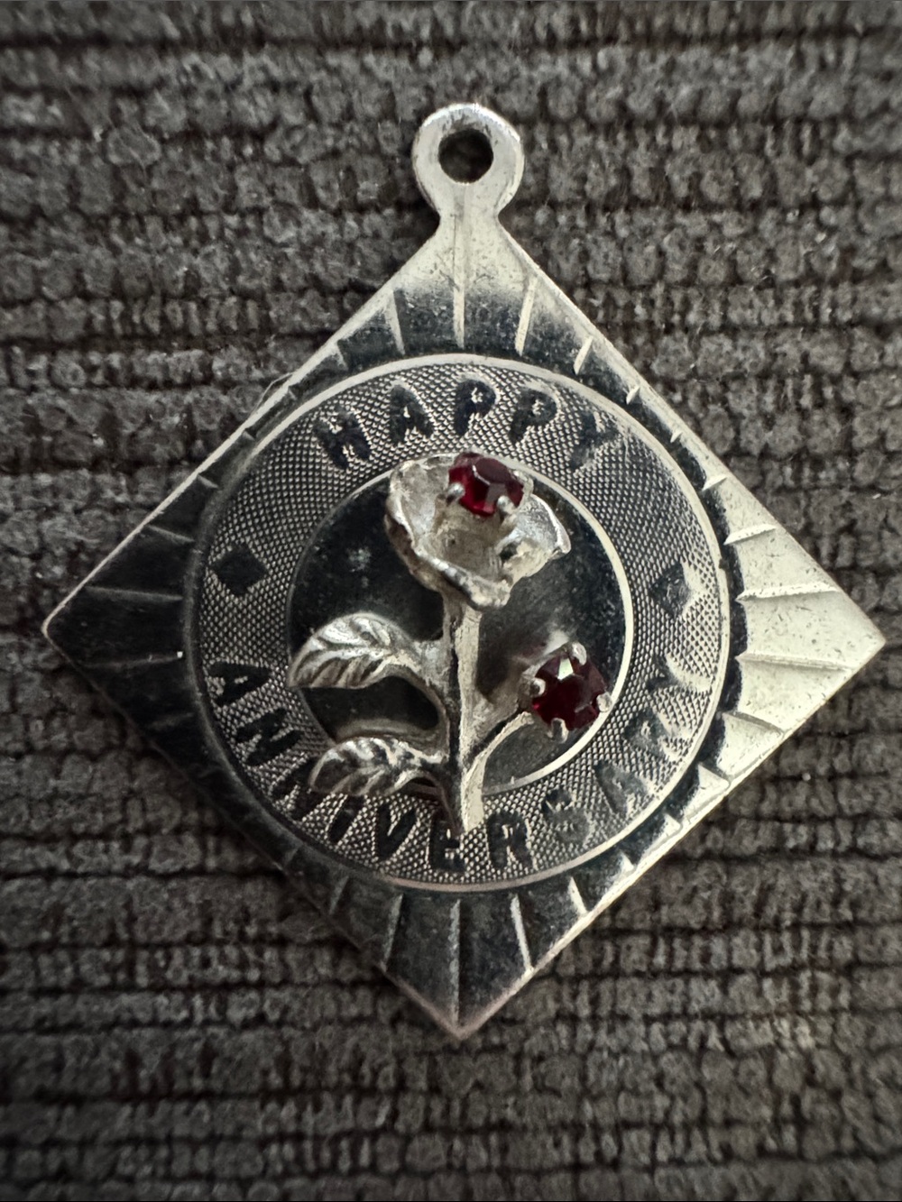 Vintage M&M Signed Sterling Silver Happy Anniversary Rose Pendant Necklace